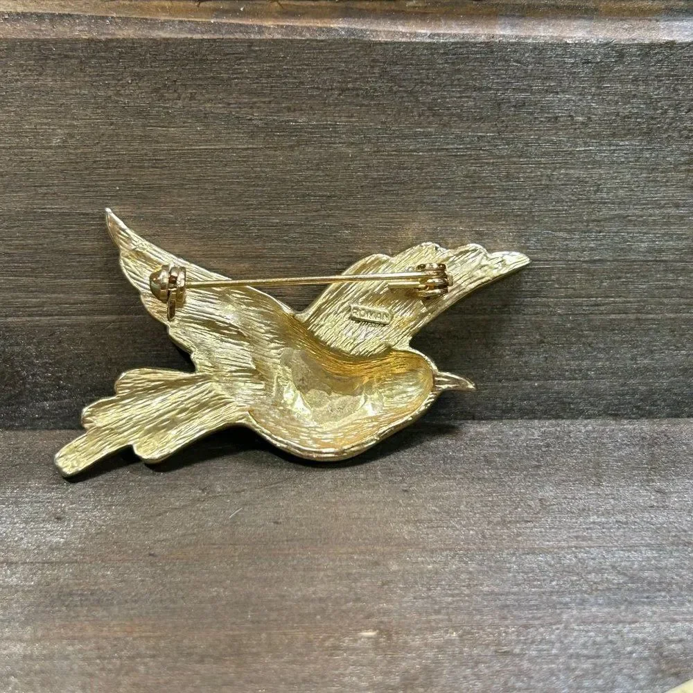 Roman Signed Vintage Bird Brooch Gold Tone Rhinestone Blue Green Enamel